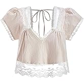winkbay Women's Striped Lace Crop Top Puff Sleeve V Neck Tie Back Cute Going Out Blouses