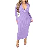 Fastkoala Women's Sexy Ribbed Bodycon Dress Solid Color Long Sleeve Slim Fit Midi Lilac Night Club Party Dresses