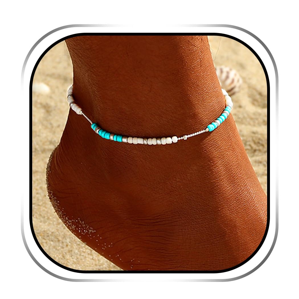 Handcess Boho Anklets Silver Turquoise Ankle Bracelets Colorful Beads Foot Chains for Women