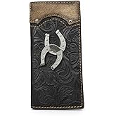 Men’s Western Long Leather Wallet - Black Floral Tooled Rodeo Billfold with Cowhair Inlay & Silver Horseshoe Conchos - Handcrafted Made in Mexico