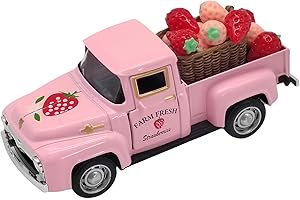 YIMIBLOSS 4.9″ Mini Vintage Strawberry Pink Metal Farm Truck Decor with Fake Strawberries, Home Kitchen Centerpieces for Tables Farmhouse Pickup Tiered Tray Stand Decorations, Spring & Christmas Desk Display