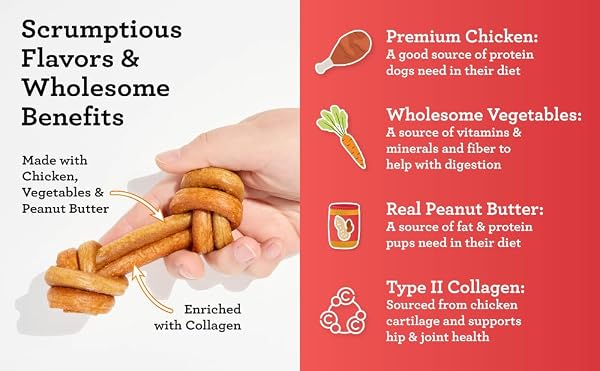 DREAMBONE COLLAYUMS KNOTS PLUS COLLAGEN CHEWS FOR DOGS, 8 COUNT, TREAT YOUR DOG TO RAWHIDE-FREE CHEWS MADE WITH CHICKEN, VEGETABLES AND PEANUT BUTTER