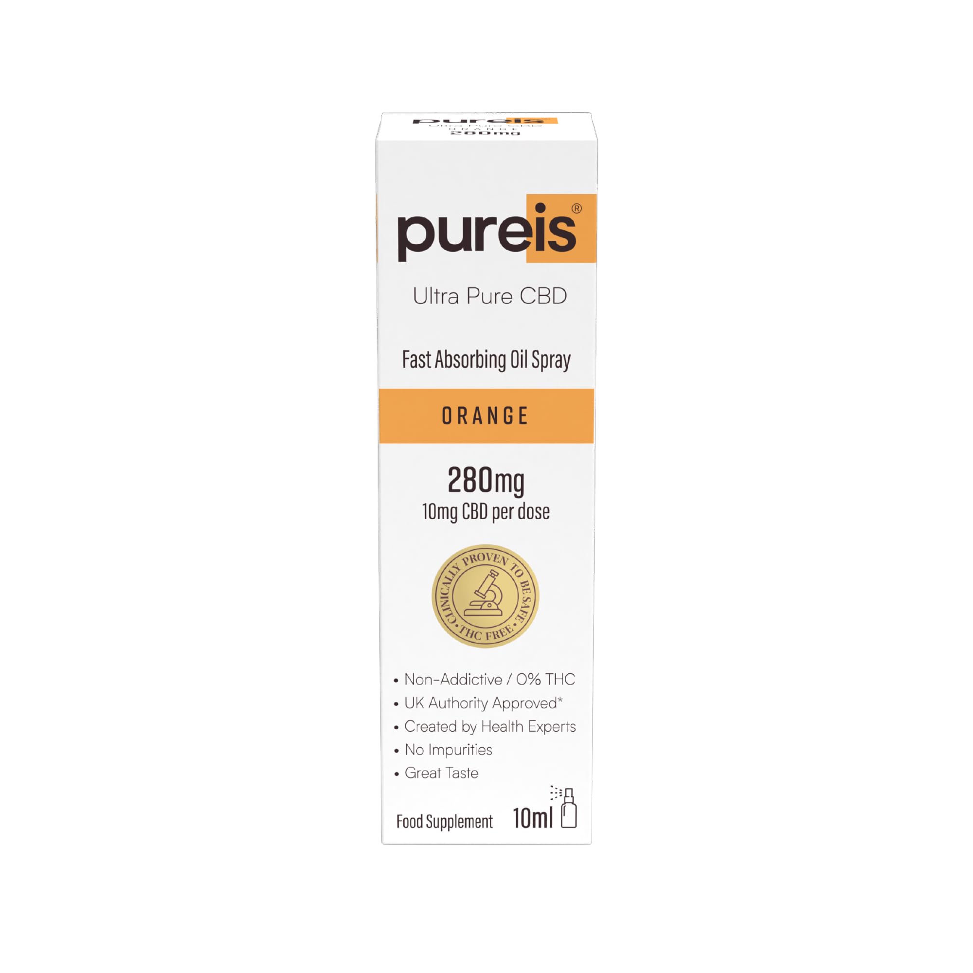 Pureis CBD Oil, Ultra Pure, Fast Absorbing - Orange Flavour Oral Spray - 280 mg = 10 mg of CBD per use - 0% THC, Non-Addictive, Vegan, Gluten-Free - 10 ml