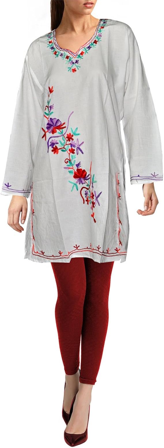 DakshCraft Off White Kashmiri Embroidered Cotton Kurti Amazon.co.uk
