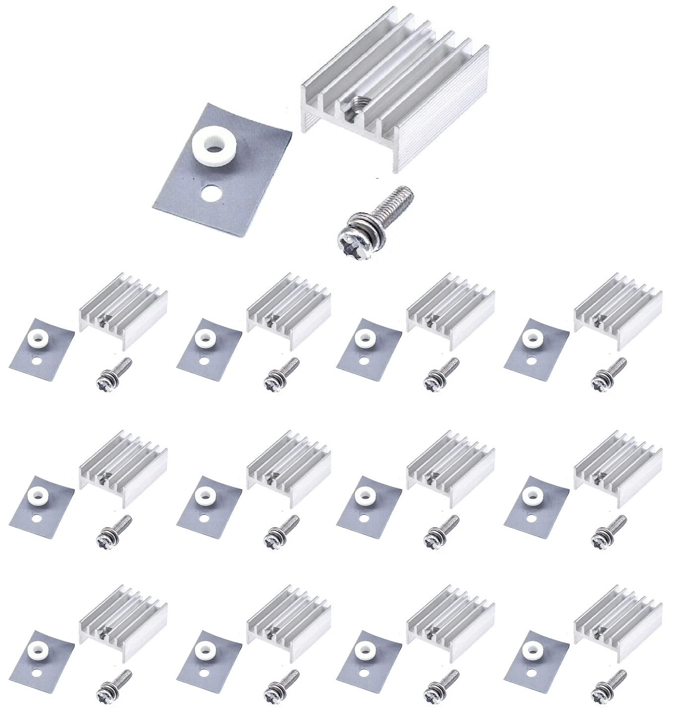 Easycargo 12 Packs TO-220 Heatsink + Insulator/Mounting Kits for LM317 LM317t L7805 L7812 L78XX Voltage Regulator, IRF Z44N 3205 520N 630 1404 MOSFET Transistor (20mm x 15mm x 10mm) (Silver 12 Pack)