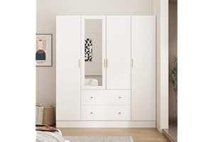 Hitow 4 Door Wardrobe Armoire Closet with Mirror, Wooden Wardrobe Cabinet with 2 Drawers & Hanging Rod, Bedroom Armoire Dresser Wardrobe Clothes Organizer, Type A White (63" W x 19.7" D x 70.9" H)
