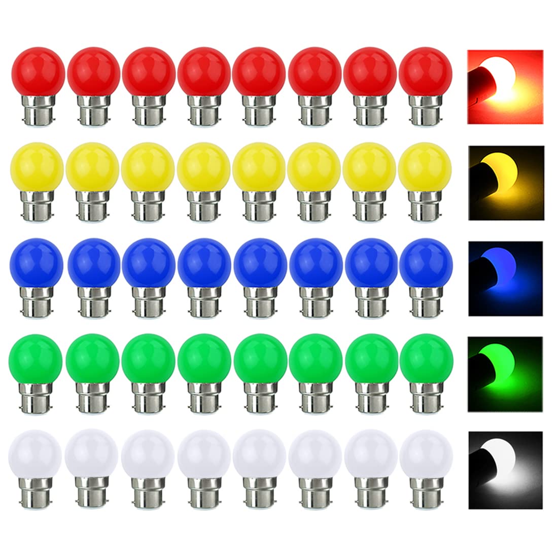 40 Pack Coloured Light Bulb B22 Bayonet LED Bulbs 3W Multi Color Light Bulbs Mood Ambiance Lighting for Home Decoration Party Patio Christmas Effect Lights Red Yellow Blue Green White — image 1