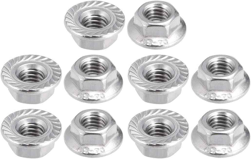 sourcing map M5 Serrated Flange Hex Lock Nuts, 304 Stainless Steel, 10 Pcs, Silver Tone