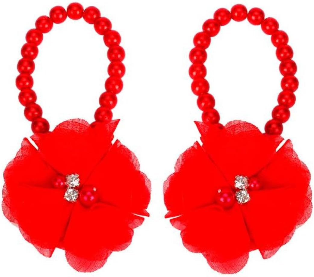 DZT1968 Baby Girl Pearl Chiffon Flower Foot Jewelry Shoes Barefoot Sandals (Red)