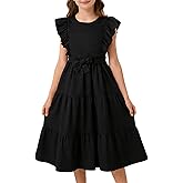 GOTHLETIC Girls Summer Dresses Ruffle Sleeve Dress A Line Swing Belted Casual Solid Color Party Dress 6-14 Years