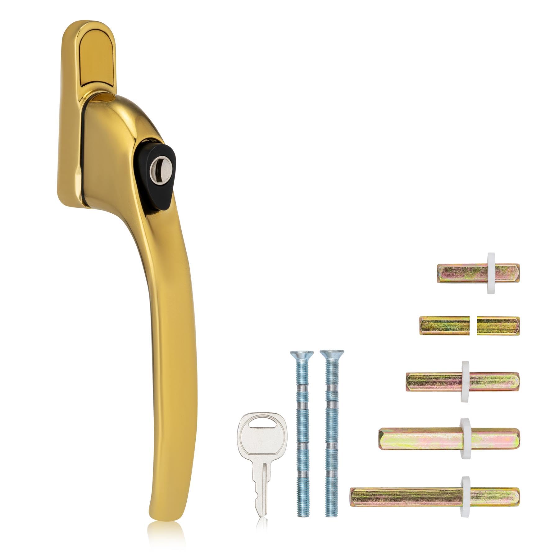 XFORT Key Locking Inline Window Handle Installation Kit in Polished Brass, UPVC Window Handle Replacement, Lockable Window Lever