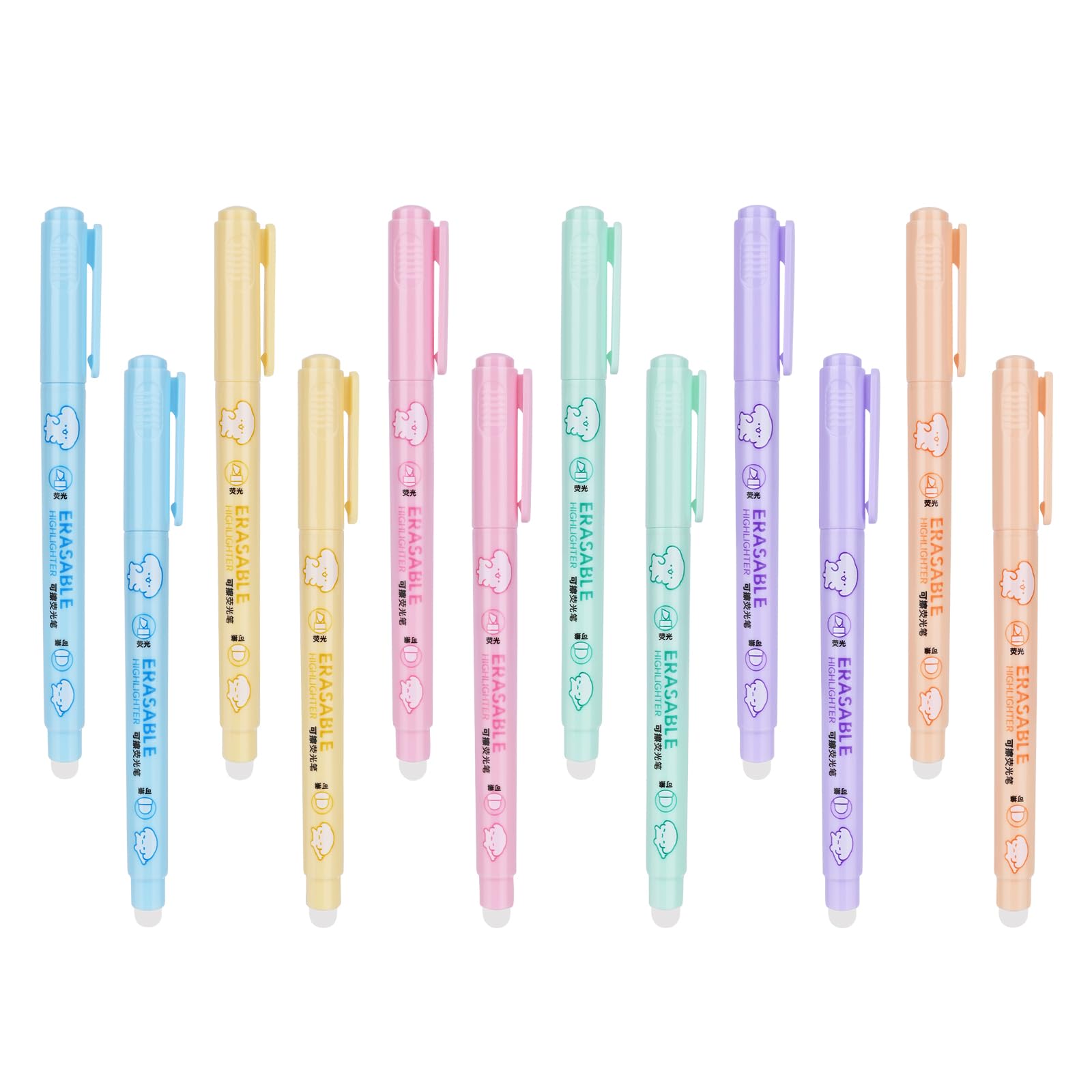Photo 1 of Valtiner 12Pcs Erasable Highlighters, Assorted Colors Cute Highlighter Pens with Eraser No Bleed Markers for School Office Supplies (12 Pieces)