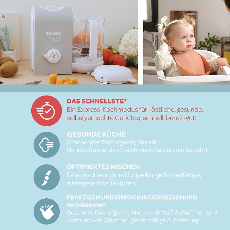 BEABA, Babycook Express, Baby Robot 4 in 1 Mixer/Standmixer, 15 Min. schnelles Kochen, Mixen nach Maß, schonendes und gesundes Dampfgaren, Auftauen, homogene Textur, Kapazität 1 250 ml, Salbeigrün