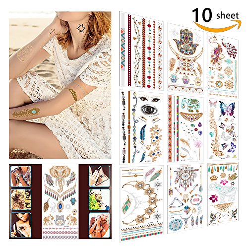10 Sheets Metallic Temporary Tattoos for Women Body Makeup,150+ Designs Flash Temp Glitter Tattoo, Gold Silver Fake Shimmer Jewelry Tattoos, Elephants, Butterfly, Bracelets Henna for Face Body Paints