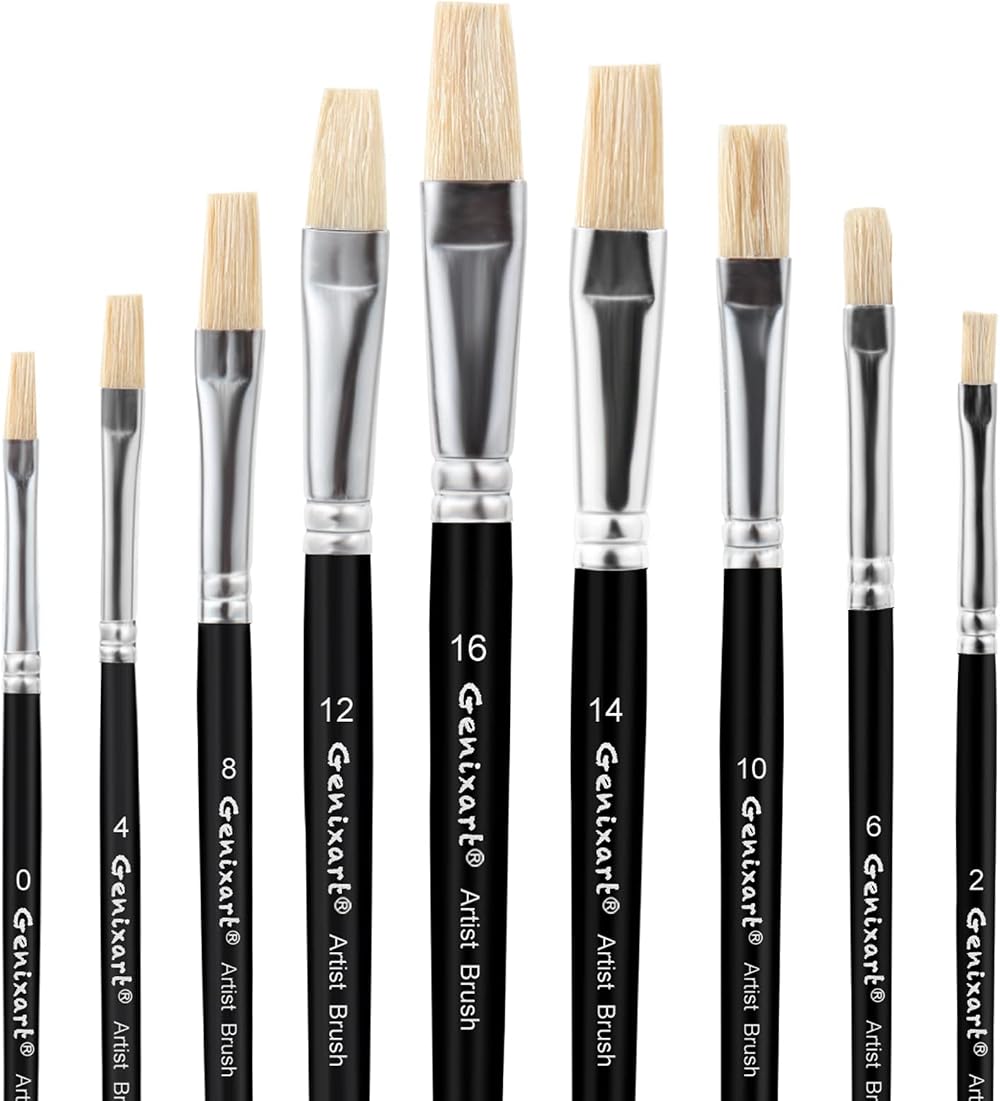 Genixart 9 Pcs Artist Paint Brush Set Flat Natural White Hog Bristle