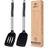 Pack of 2 Silicone Solid Turner, Non Stick Slotted Kitchen Spatulas, High Heat Resistant BPA Free Cooking Utensils, Ideal Cookware for Fish, Eggs, Pancakes(Black)