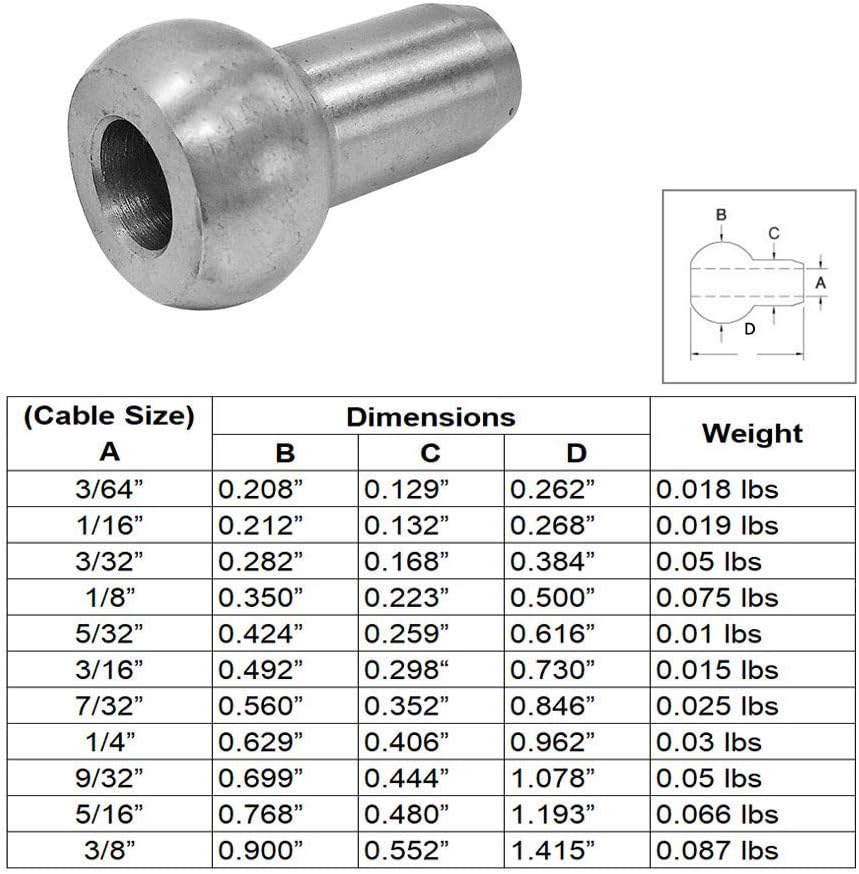 316 Steel Stainless 1/4” Ball Shank Single PC 1 IMPORTS DBM Swage Rope