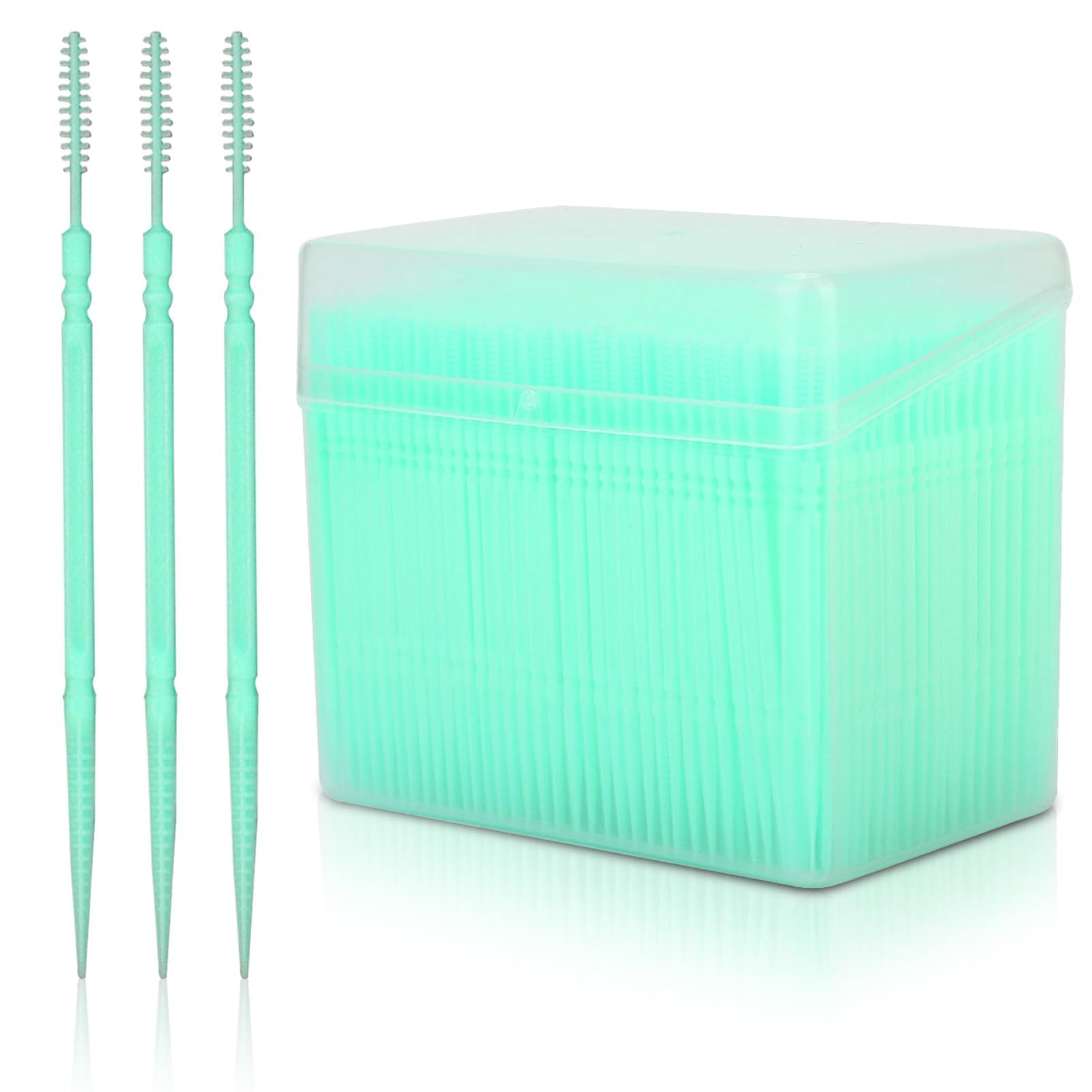 Agatige 1100 Pcs Dental Picks, Plastic Round Double Headed Toothpicks Portable Dental Cleaning Floss Pick Interdental Brushes Flosser Sticks with Storage Box for Oral Care, Green