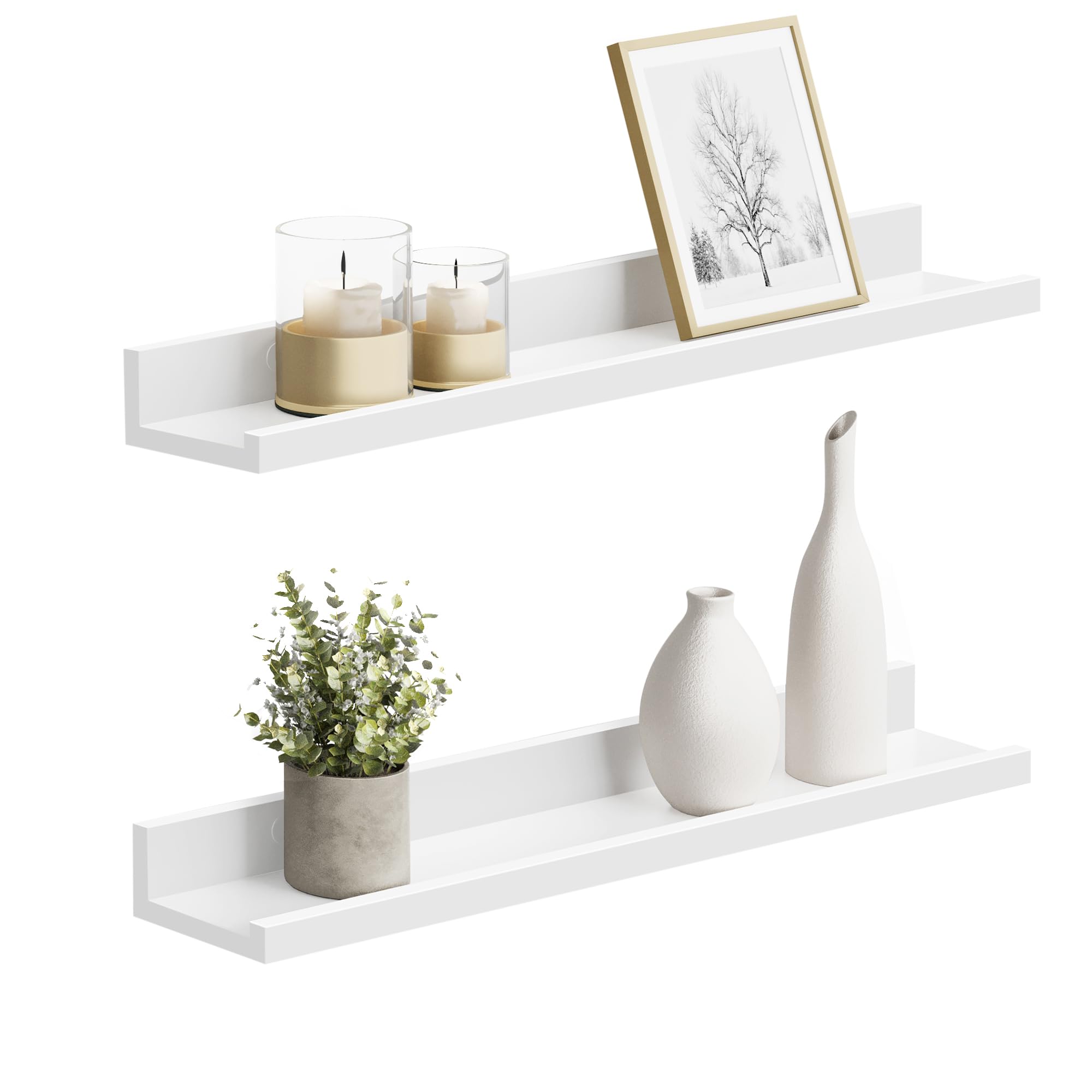 SONGMICS Floating Shelves Set of 2, Wall Shelves ledge with High Gloss Finish, 60 x 10 cm, for Picture Frames and Books, Living Room, Hallway, Bedroom, Bathroom, Kitchen, Office, White LWS60WT