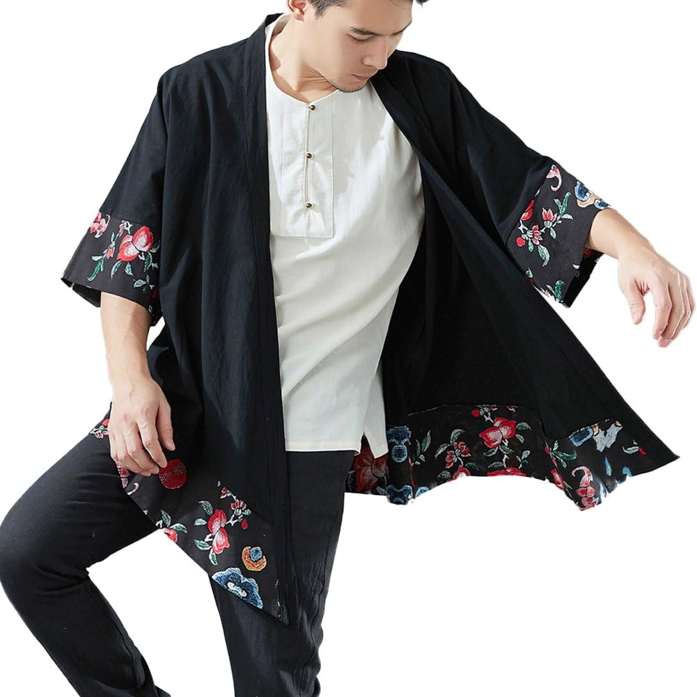 LUZU JUNUMen's Vintage Kimono Cardigan Cotton Linen Cloak Poncho Open Front Coat