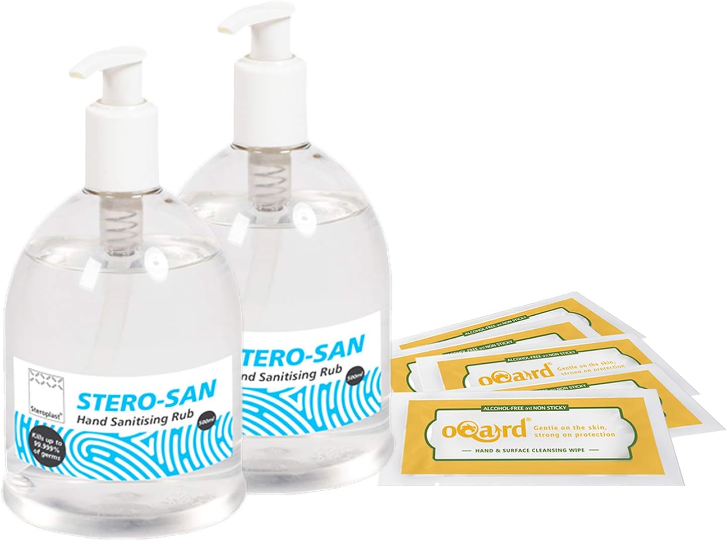 Sterosan Hand Sanitising Rub 500ml with Oqard Cleansing Wipes (2 bottles)