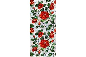 JOONOR Retro Flower Window Privacy Film,Stained Glass Decals Chinese Red Rose Privacy Rainbow Decals Living Room Sun Blocking Decor Removable Static Cling Stickers,16.93x39.37inch