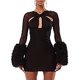 Women Sexy Hollow Out Twist Front Bodycon Mini Mesh Dress Long Ruffle Fuzz Sleeve Night Club Party Dress