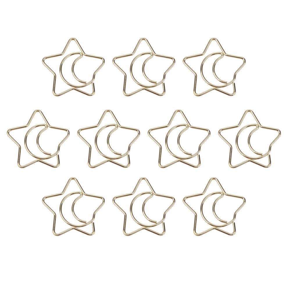 Akozon Paper Clip 10Pcs Plastic Coated Electroplating Star Moon Paper Clips Funny Bookmark Marking Clips Gold