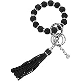 MECCANIXITY Silicone Wristlet Keychain, Cute Beaded Wristlet Keychain Car Key Ring with Leather Tassel