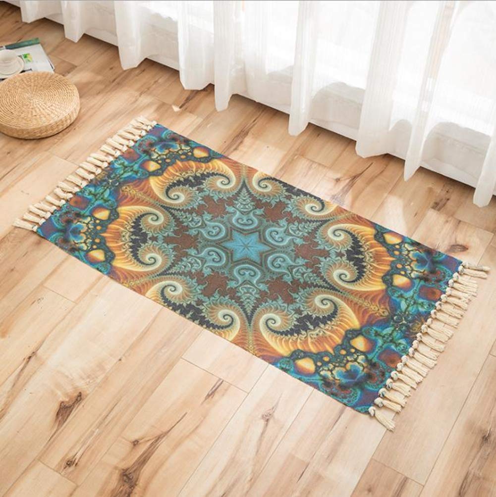 EmyTock Carpet,Vintage Cotton Area Rug,Hand Woven Print Tassels Throw Rugs Door Mat,Indoor White Area Rugs for Living Room, Bathroom, Bedroom 60cm x 110cm