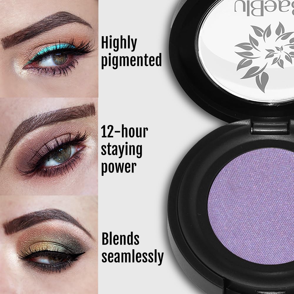 Condition photo showing New/Like New for baeblu organic eyeshadow, 100% natural finely pressed powder, atmosphere | velvety smooth mineral powder, made in usa, blendable color, long-lasting wear, talc-free, clean beauty