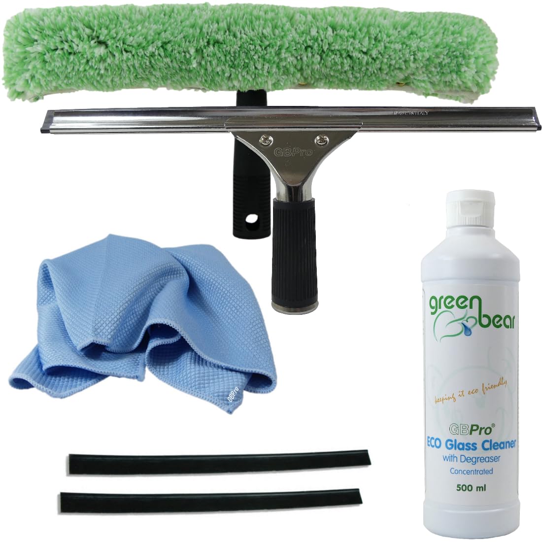 GBPro Professional Window Squeegee Stainless Wiper 35cm / 14 inches + T Bar & Micro Sleeve, Glass cleaner 500ml, Fishscale Micro Glass cloth, Rubber Blades