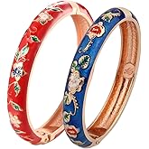 UJOY Vintage Cloisonne Bracelets Cuff Metal Bangles Indian Flower Pink Enameled Jewelry Box for Women