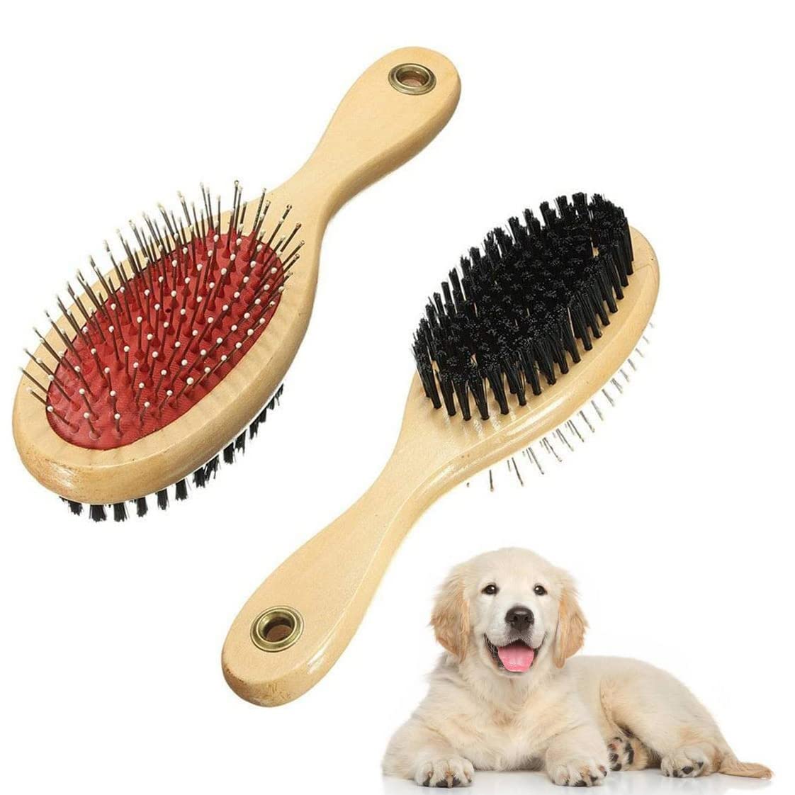 Wooden Double Sided Dog Brush - Pet Hair Grooming Tool With Pin and Soft Bristles for Dogs & Cats With Long or Short Hair - Red