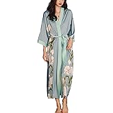 Daiwor Kout Silk Satin Robe for Women Long Japanese Kimono Robe Lightweight Soft Bathrobe Floral Luxury Dressing Gown