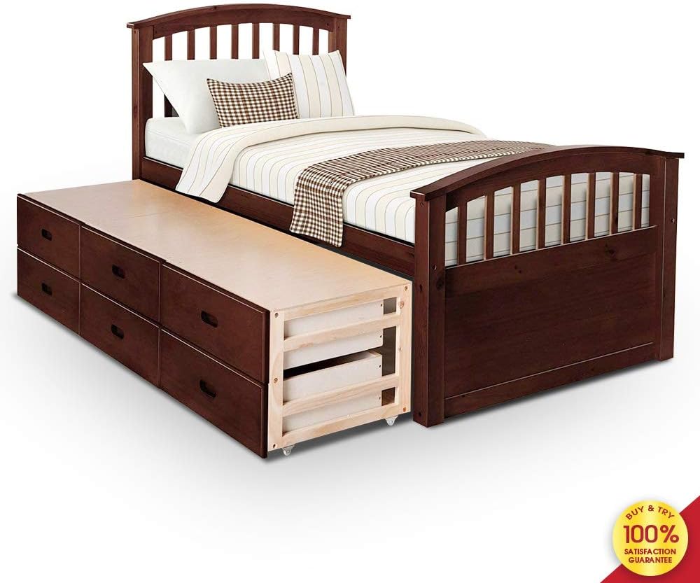 Hooseng Design Twin Size Platform Storage Solid Wood Bed with 6 Drawers, Espresso