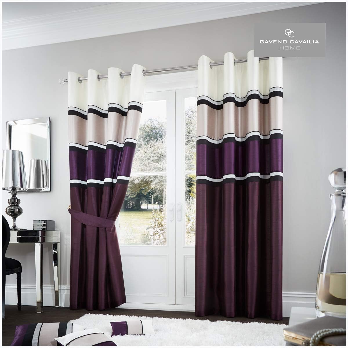 Gaveno Cavailia Panama Eyelet Curtains Aubergine, 100% Polyester Luxury Ring Top Drapery with Matching Tie Backs