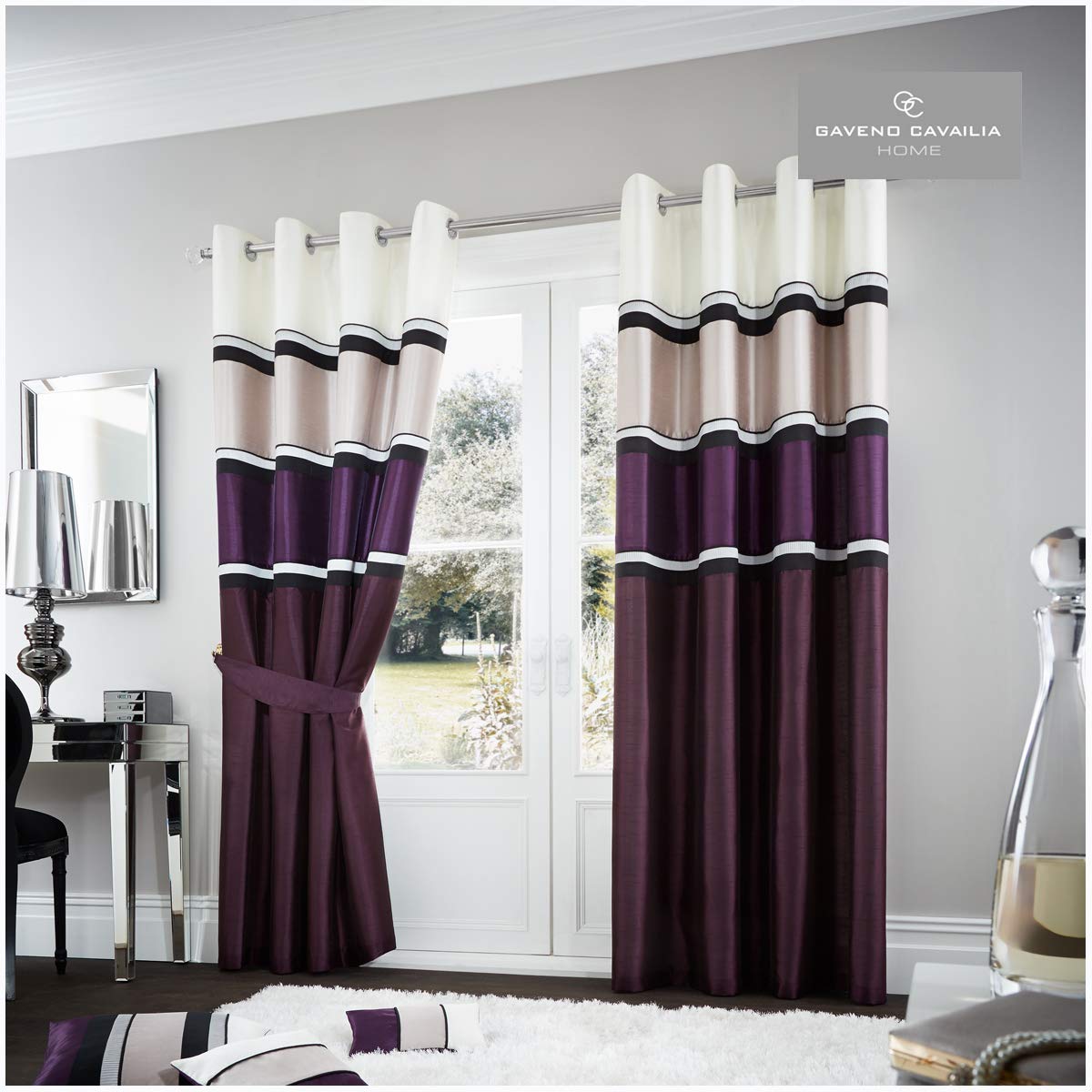 Gaveno Cavailia Panama Eyelet Curtains Aubergine, 100% Polyester Luxury Ring Top Drapery with Matching Tie Backs, Two 66"x90" Glamorous Panels, Easy Care Window Treatment, 66x90 Inches