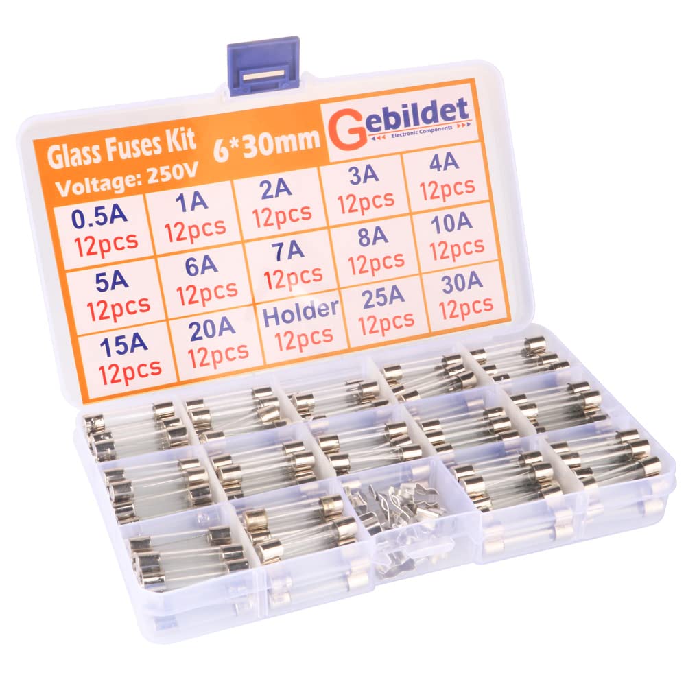 Gebildet 168pcs 6脳30mm Fast-Blow Glass Tube Fuse (0.5A/1A/2A/3A/4A/5A/6A/7A/8A/10A/15A/20A/25A/30A),Quick Blow Car Glass Tube Fuses Assorted Kit with 12pcs Fuse Holder