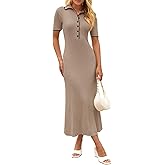 MEROKEETY Women's 2026 Spring Ribbed Maxi Dress Summer V Neck Button Short Sleeve Slim Fit Bodycon Knit Sweater Dresses