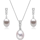 BAMIKI Pearl Necklace and Earrings Set, Saltwater/Freshwater Cultured Pearl 9-10mm, 925 Sterling Silver Drop Set with CZ Diamonds, Luxury Jewelry Gifts for Wife, Mom, Girlfriend