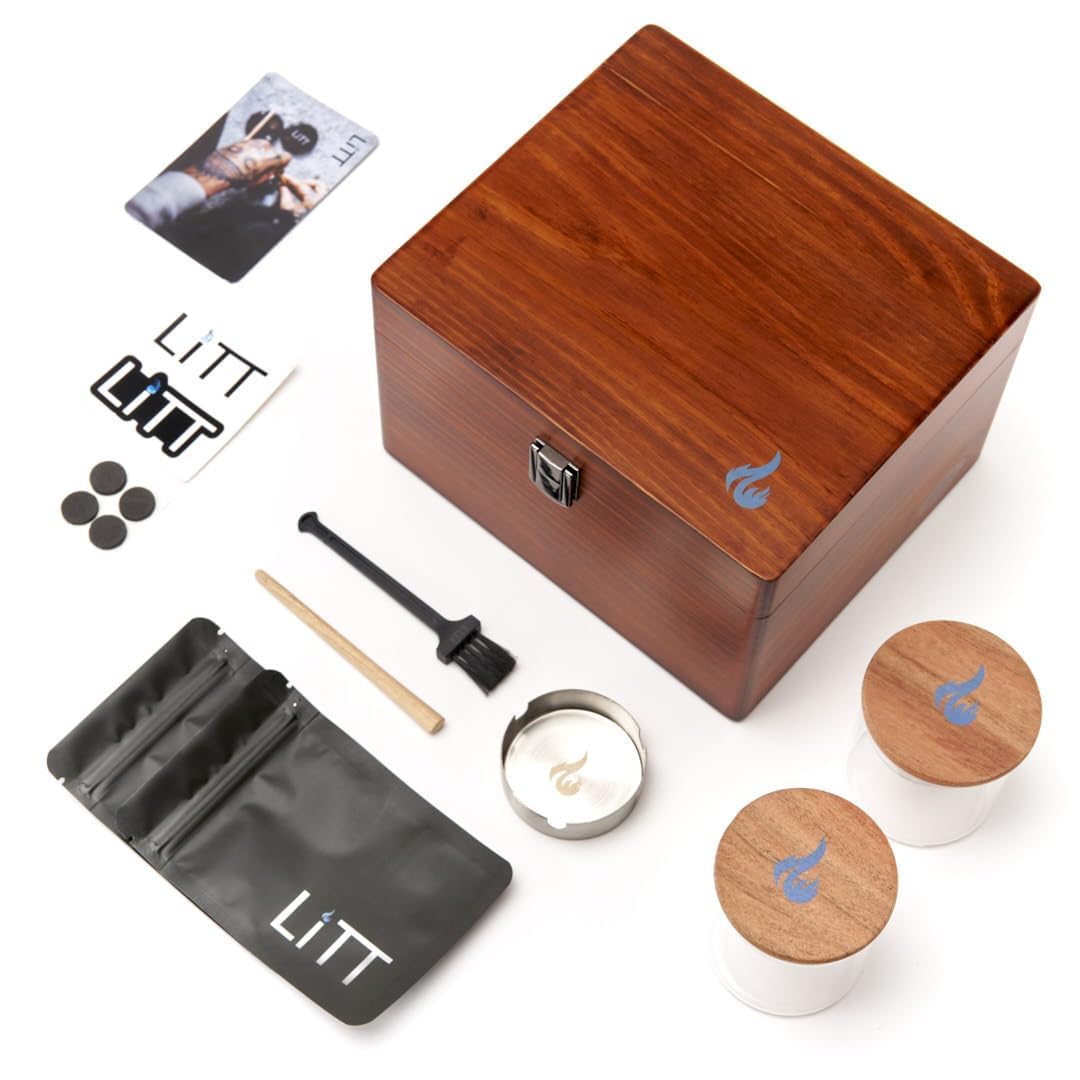 LITT Stash Roll Box - Large Portable Wooden Storage Box with Built-in Wooden Tray and Lid - Handcrafted Rolling Accessory Organiser with Storage Compartments (Brown)