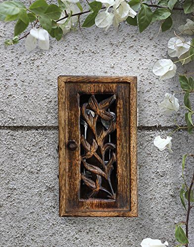 Key Holder Cabinet Antique Wooden Storage Box with Floral Motif and 2 Hooks