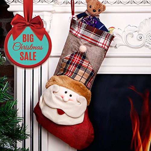 Christmas Stocking 3D Santa Claus Christmas Day Gift Classic Traditional Plaid Adorable Cute Holiday Decoratio