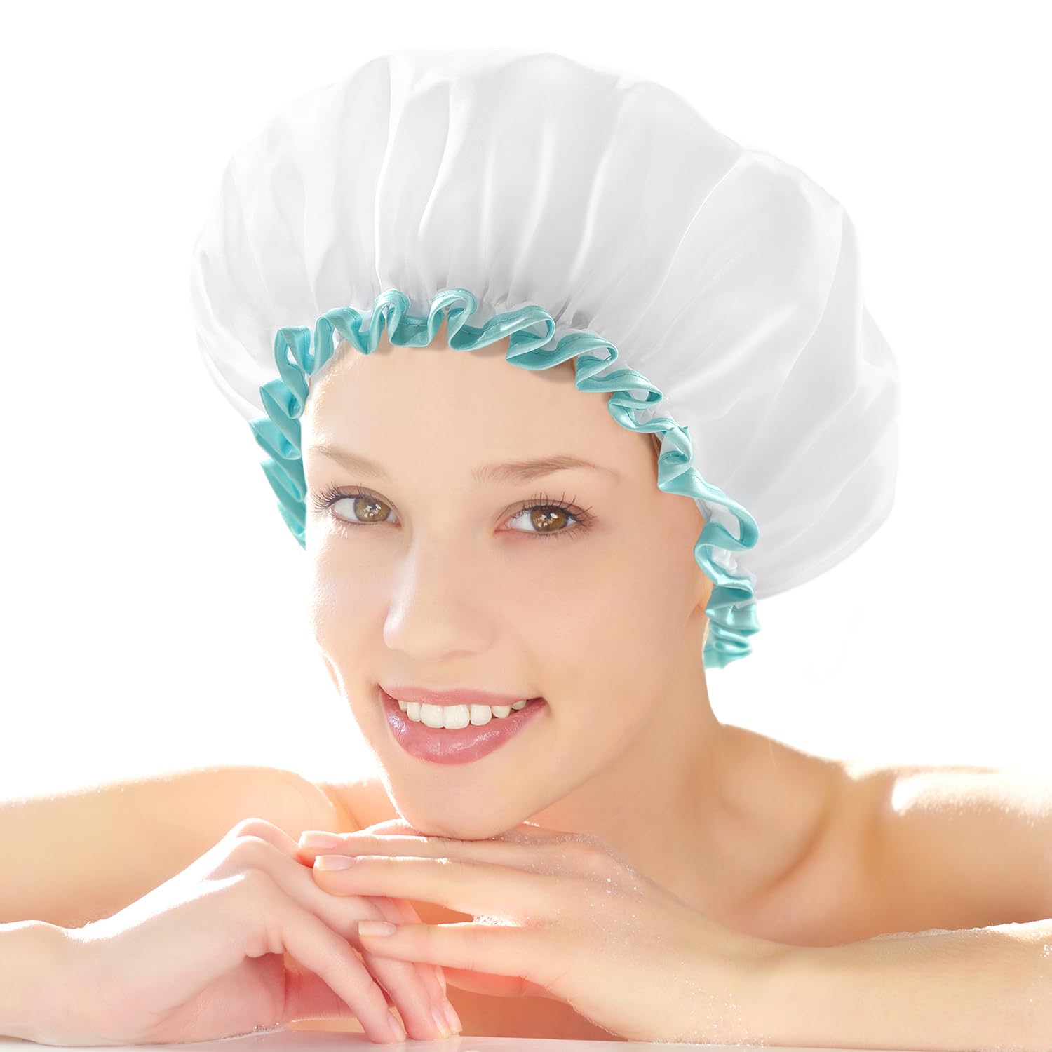 mikimini Reusable Shower Cap for Women Long Hair, Large 12 Inch, Double Layer Waterproof Elastic Band Bath Caps, Washable, Super Cute, White