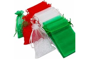 PMLAND 60-Piece Assorted Colors Organza Mesh Drawstring Bags (4x6 Inches) - Christmas Red Green White - Perfect for Jewelry Party Favors Gifts and More