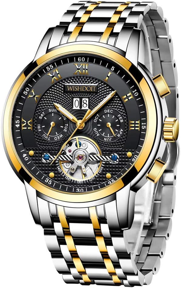 WISHDOIT Mens Fashion Waterproof Stainless Steel Analog Quartz Watches Casual Sport Chronograph Date Wrist Watch Gold Blue