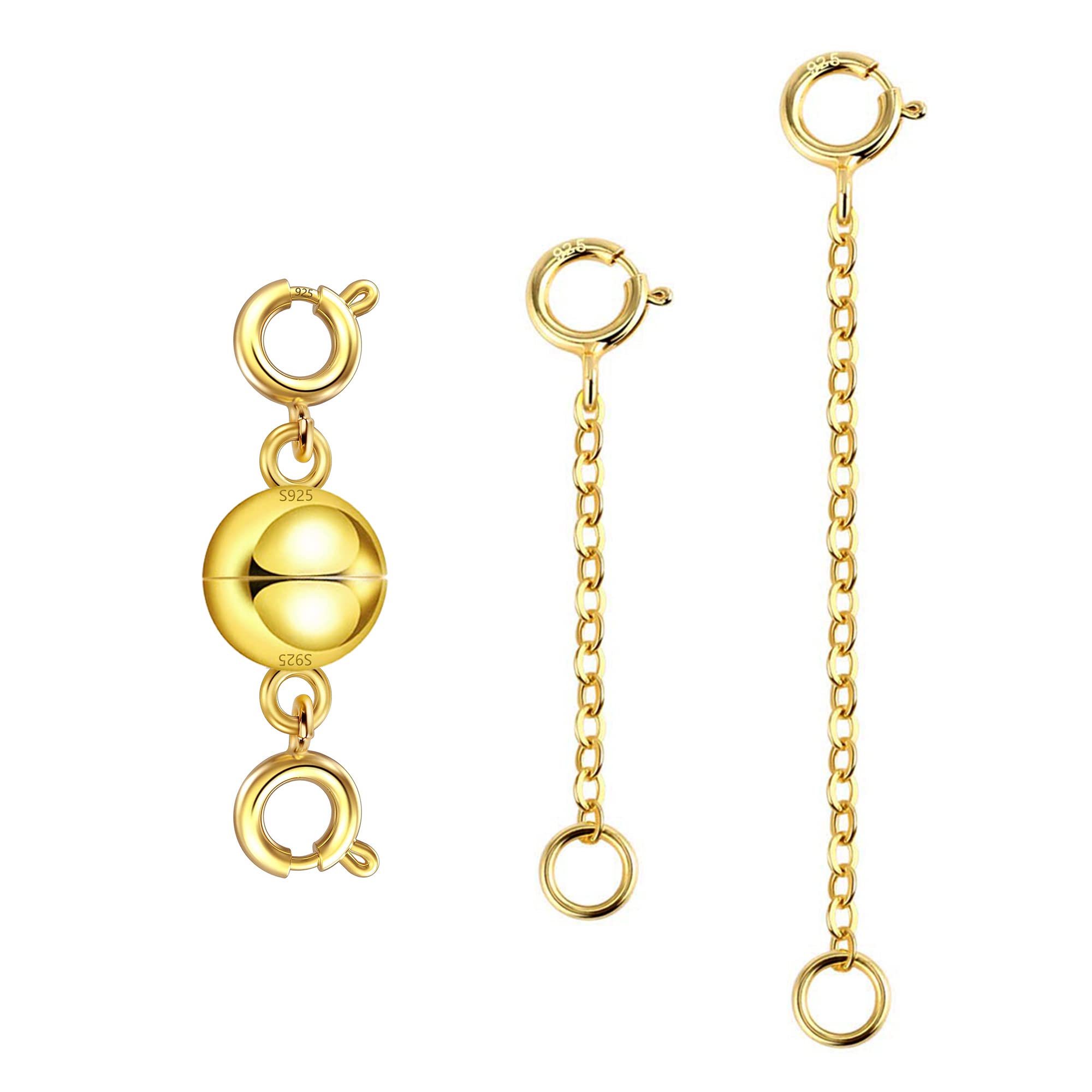 Gold Magnetic Necklace Extender, ALEXCRAFT 925 Sterling Silver Magnetic Jewelry Clasps Necklace Clasps and Closures, 14K Goldplated Magnetic Clasps Bracelet Necklace Jewelry Making Extension Chains