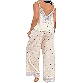 Verdusa Women's Plus Size 2 Piece Cherry Lace Pajama Set V Back Camisole Tops with Pants Loungewear
