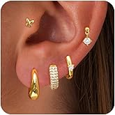 Crmya Small Chunky Stud Hoop Stacks Earrings for Women Hypoallergenic Silver Gold Flat Back Stud for Sensitive Ears Small 14K Gold Plated Huggie Cubic Zirconia Cartilage Earrings Set for Multiple Piercing Jewelry Gifts for Women 5 Pairs